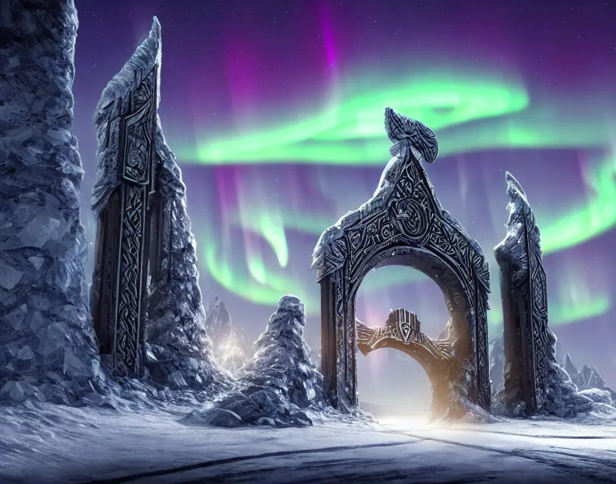 Image similar to a very detailed concept art of intricate and well designed asgard gates to north pole, infused with aurora borealis, dynamic lighting, trending on artstation, path traced, highly detailed, high quality, digital art, 4 k, hyper realistic, octane render, sharp focus