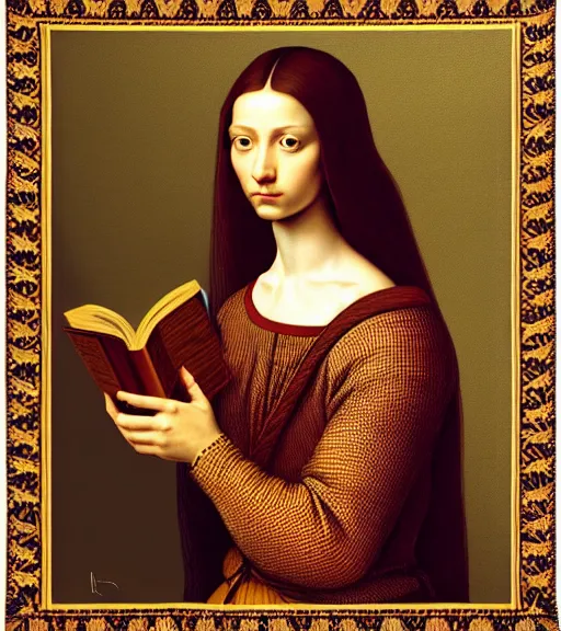 Image similar to portrait of a beautiful room with a tapestry on the wall, as well as a book upon a table with heightened detail, detailed facial expression, detailed surroundings, elegant, highly detailed, centered, digital painting, artstation, concept art, smooth, sharp focus, illustration, by ( leonardo da vinci ), wlop