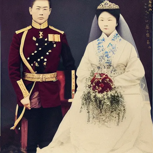 Prompt: a wide full shot, colored russian and japanese mix historical fantasy of a photograph taken of the royal empress and emperor exchanging vows, photographic portrait, warm lighting, 1 9 0 7 photo from the official wedding photographer for the royal wedding.