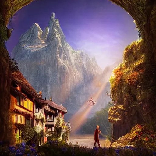 Image similar to my precious! - gollum / smeagol holds the ring high against the backdrop of a medieval village in switzerland, ornate, beautiful, atmosphere, vibe, flowers, concept art illustration, greg rutowski, volumetric lighting, sunbeams, particles