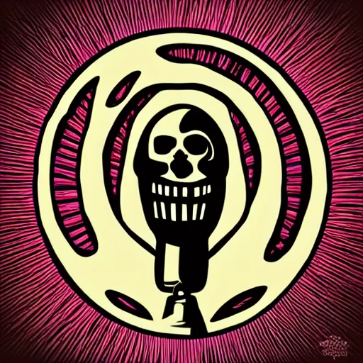 Image similar to dark death metal themed vector illustration of a fantastical menacing ent holding a microphone, skull shaped, award winning, grunge, iconic, golden ratio