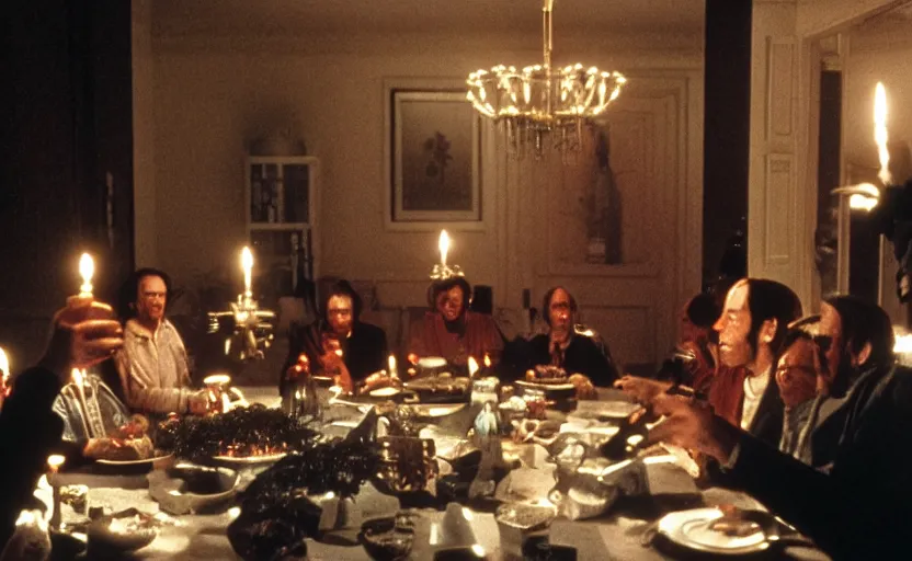 Prompt: Aliens sitting around a big dinner table with candles in the shining by stanley kubrick, shot by 35mm film color photography