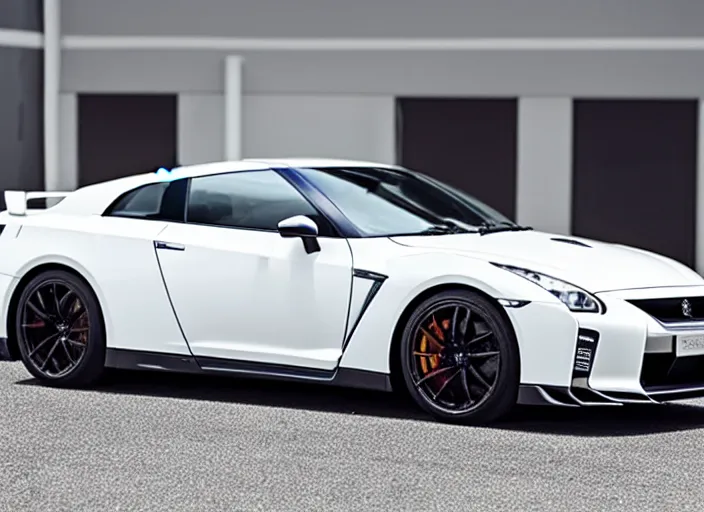 Image similar to 105mm photograph f1.8 full view mid distance front side view white Nissan GT-R showroom beautiful lighting from 2022