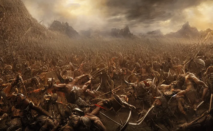 Image similar to realistic photograph of the battle of the pelennor fields, detailed, by erwin olaf, joop geesink, lisa frank, hr giger, beksinski, brian froud, 8 k resolution, beautiful lighting, studio light, extremely detailed, establishing shot, realistic materials, hyperrealistic