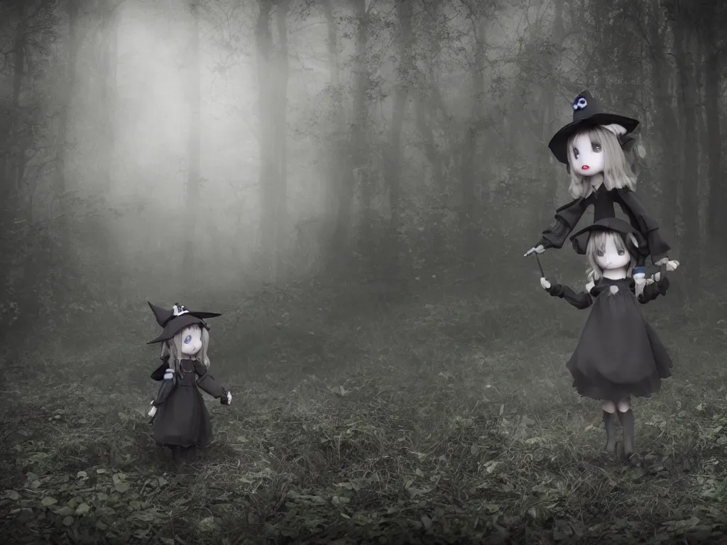 Prompt: cute gothic fumo plush witch girl ventures deep into the forbidden forest, black and white, ancient pagan monument summoning circle, volumetric fog and smoke, the bog of dark abyss, vray