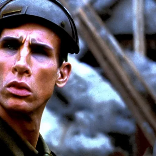 Image similar to movie still of derek zoolander in saving private ryan, using blue steel against germans