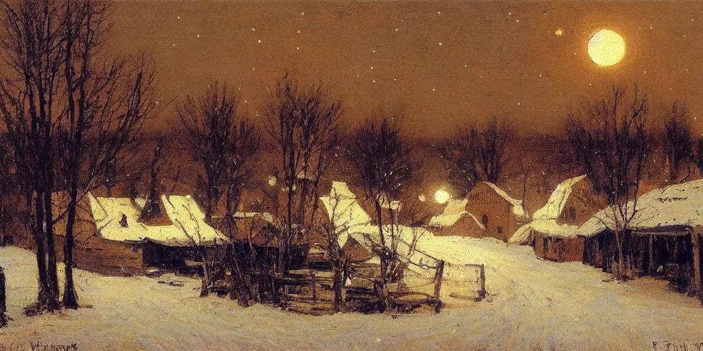 Image similar to a scene of a small rural russian village at night, stars, moon, wintertime, painting by frank weston benson