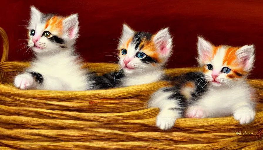 Image similar to highly detailed painting of cute furry calico kittens cuddled up in a basket by william turner, thick brush strokes and visible paint layers, 4 k resolution, red and green colour scheme