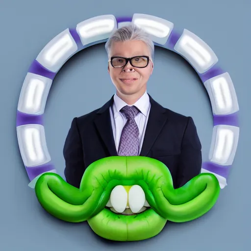 Image similar to hyperreal lifelike corporate portrait, anthropomorphic edible piechart, snake oil ceo, uncle aloysius family medicine depot, purple green color scheme, detailed lifelike facial features, professional studio lighting