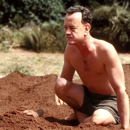 Image similar to Tom Hanks eating a pile of dirt on all fours in his boxers