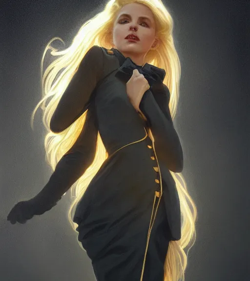 Prompt: elle brooke wearing a golden dress, grey hair, red necktie, cinematic, stunning, highly detailed, digital painting, artstation, smooth, hard focus, full body shot, illustration, art by artgerm and greg rutkowski and alphonse mucha