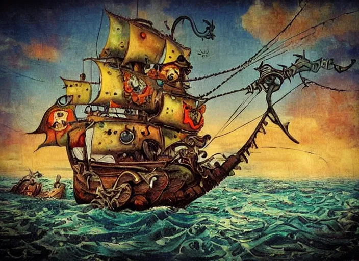 Image similar to pirate ship at sea, amazing background, lowbrow, 3 - d, highly detailed, in the style of alexander jansson,