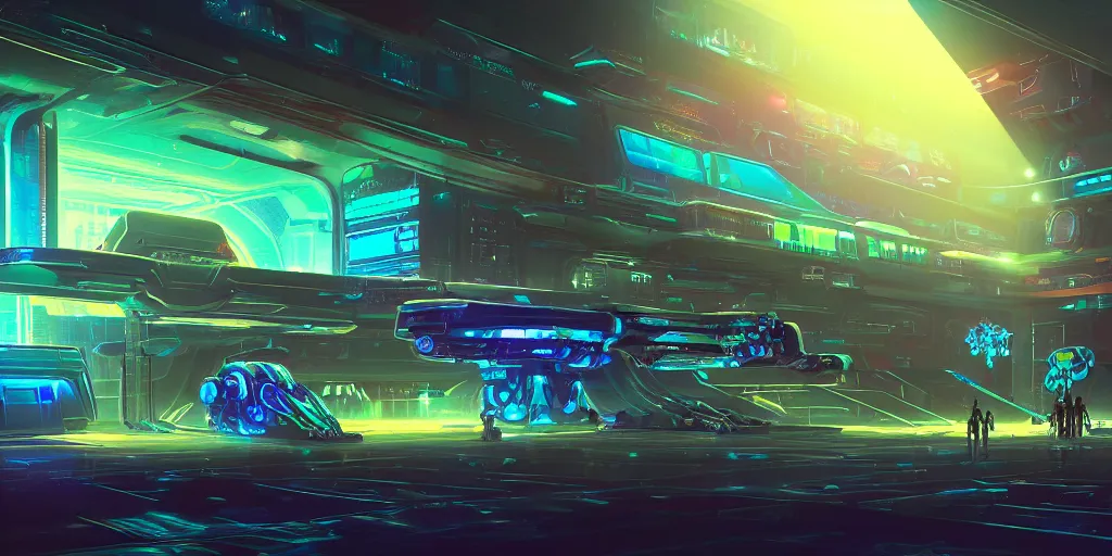 Prompt: the exterior of a celestial spaceship cyberpunk hangar in a bioluminescent walls decorated beautifully, lots of cyberpunk design elements like humanoids and mecha robots, warm sunlight shining in, lots of cables and neon signs, concept art 8 k resolution, fantasy illustration, sharp focus, detailed painting, deep color, volumetric lighting, crepuscular rays