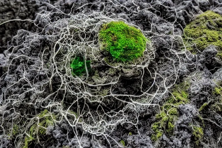 Image similar to a beautiful demonic creature covered in moss shells and electronic wires sculpture electricity earthquake, ocean, sea, dust particles, covered in dust, grind, rocks, dark clouds