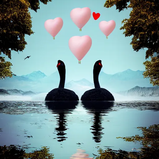 Image similar to photo of two black swans swimming in a beautiful reflective mountain lake, touching heads, forming a heart with their necks, a colorful hot air balloon is flying above the swans, hot air balloon, intricate, 8k highly professionally detailed, HDR, CGsociety