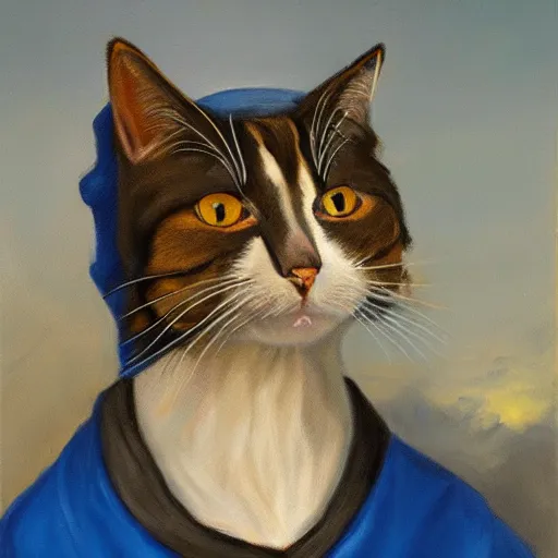 Image similar to oil painting portrait of a cat wizard wearing blue robes