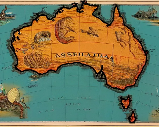 Image similar to recently rediscovered map of Australia, 16k scan, colorized, beautiful, intricate detail,