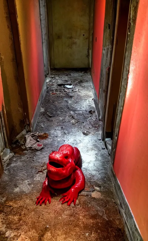 Prompt: high quality photo of a slimy red monster in the hallway of an old abandoned victorion house
