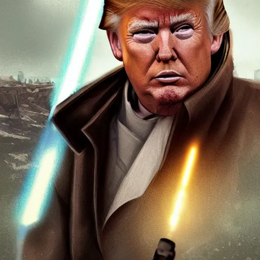 Image similar to Donald Trump as a jedi hero, capitol hill, post-apocalyptic, cinematic, atmospheric, highly detailed, artstation, Emanuel Leutze, Carl Wahlbom