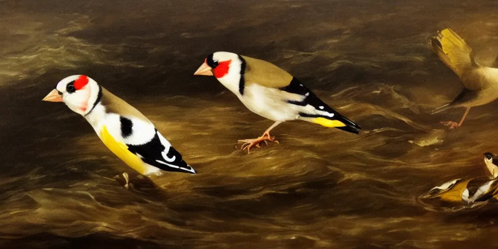 Image similar to painting of a goldfinch drowning in a river of nightmares, in the background you can see hell. by theodore gericault, realistic oil painting, 4 k, studio lightning, award winning, very detailed shadows