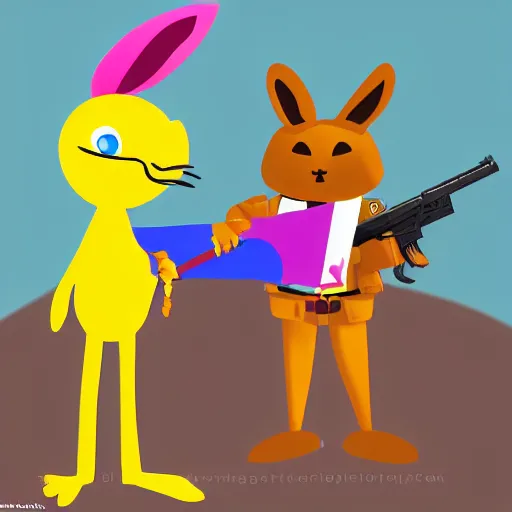 Prompt: A tall, yellow, anthropomorphic rabbit, holding a trans flag in one hand and an assault rifle in the other, cute digital art, OwO