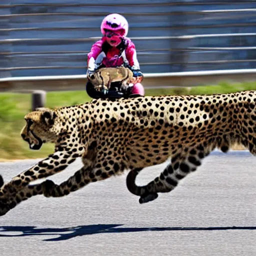 Image similar to girl riding a cheetah on a race track