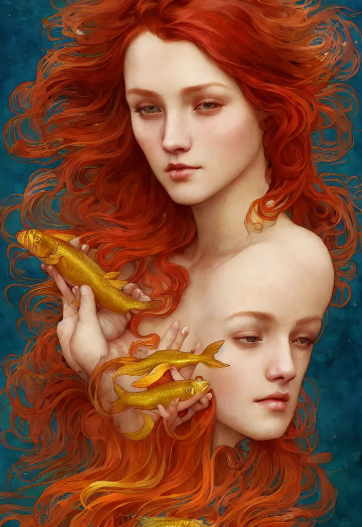 Prompt: beautiful watercolor painting of a young red hair woman surrounded by golden fish, intricate, elegant, highly detailed, digital painting, artstation, concept art, smooth, sharp focus, art by krenz cushart and artem demura and alphonse mucha, dynamic lighting, full body shot, ultrarealistic, cinematic, octane render, 8 k