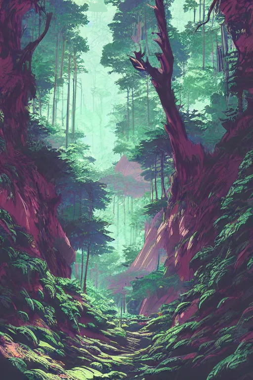 Image similar to concept art painting of a forest in a cave, artgerm, moebius, inio asano, toon shading, cel shading, calm, tranquil, vaporwave colors,