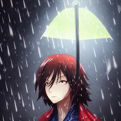 Prompt: portrait of the boy standing in the rain without umbrella, anime fantasy illustration by tomoyuki yamasaki, kyoto studio, madhouse, ufotable, square enix, cinematic lighting, trending on artstation