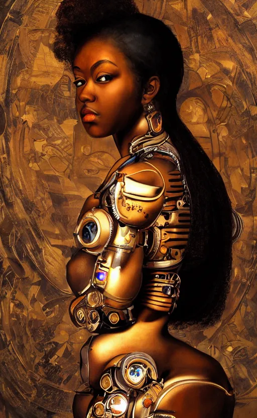 Prompt: incredible mural of a stunning young cyborg muse in royal ornamental gown, beautiful ebony skin tone, piercing glowing eyes, sci fi setting, mural in the style of caravaggio, albrecth durer