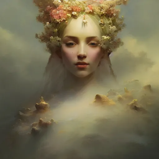 Image similar to epic portrait an statue of an flower goddess, beautiful, cracky, broad light, ambient occlusion, volumetric light effect, made by ivan aivazovsky, peter mohrbacher, greg rutkowski, matte painting, trending on artstation, 4 k, perfectly defined features, digital painting,