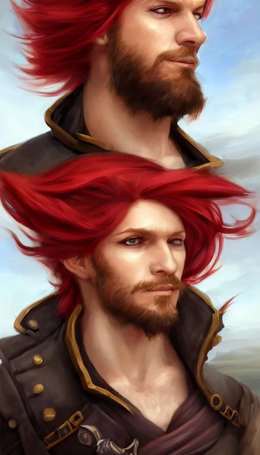 Prompt: portrait of a male pirate with flowing red hair!!!!!!, handsome, side profile, Steampunk airship!!!!!!!, D&D, fantasy, simple clothing!!!!, elegant, highly detailed, digital painting, deviantart, artstation, concept art, sharp focus, illustration, art by Artgerm and Greg Rutkowski and Alphonse Mucha