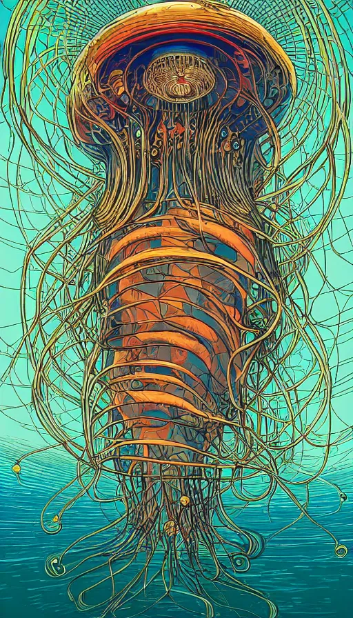 Image similar to The oracle of the jellyfish, italian futurism, Dan Mumford, da vinci, Josan Gonzalez