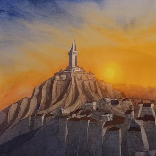 Image similar to minas tirith at sunrise. watercolor. trending on artstation.