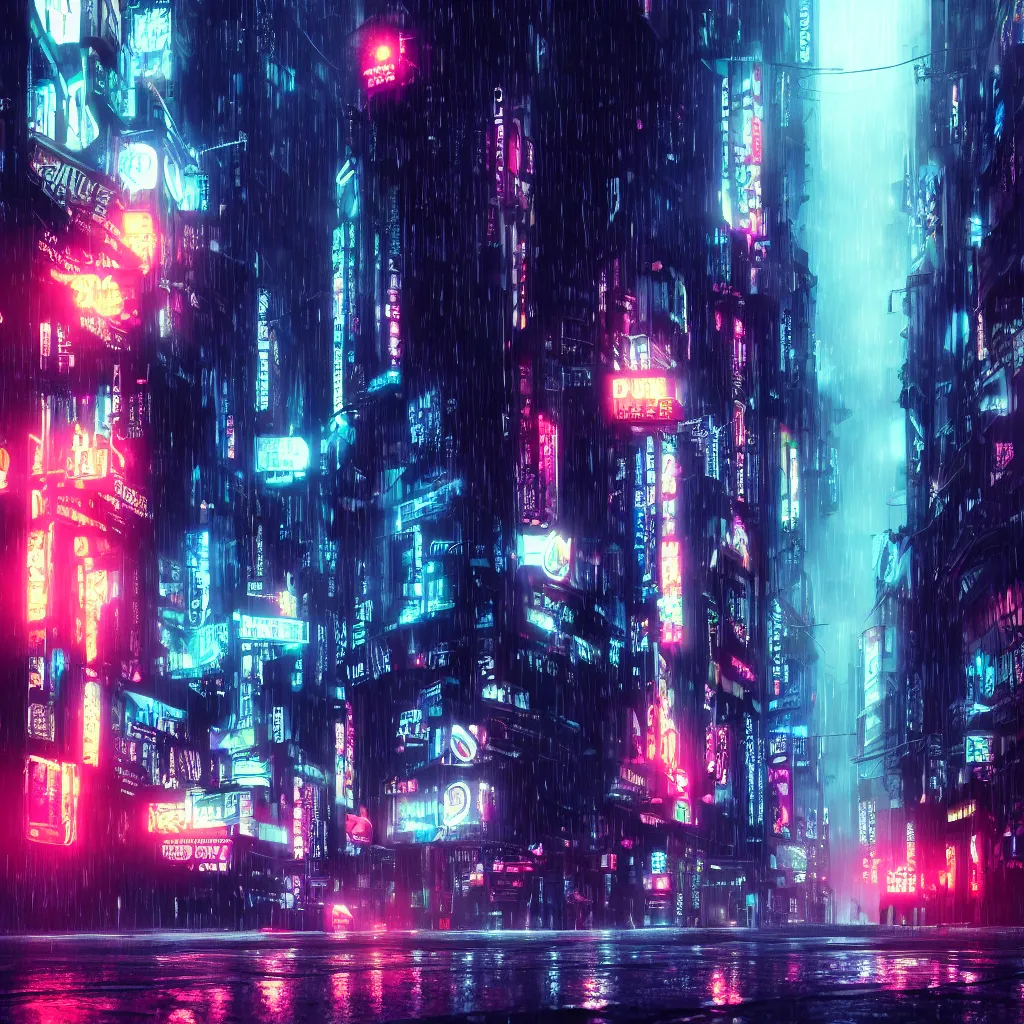 Prompt: dark city street in the rain, neon lights, cyberpunk, year 2 0 9 9, blade runner, octane render, 4 k