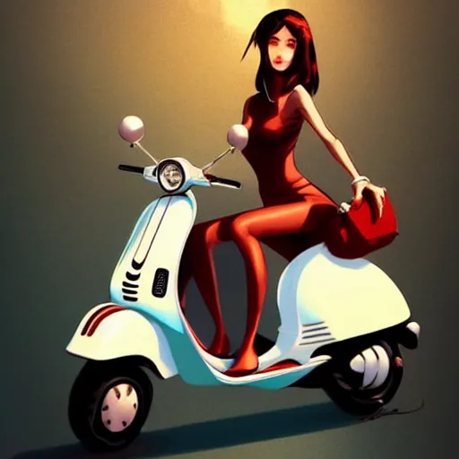 Prompt: beautiful woman on a turquise vespa moped, in the style of artgerm, gerald brom, atey ghailan and mike mignola, vibrant colors and hard shadows and strong rim light, plain background, comic cover art, trending on artstation, masterpiece