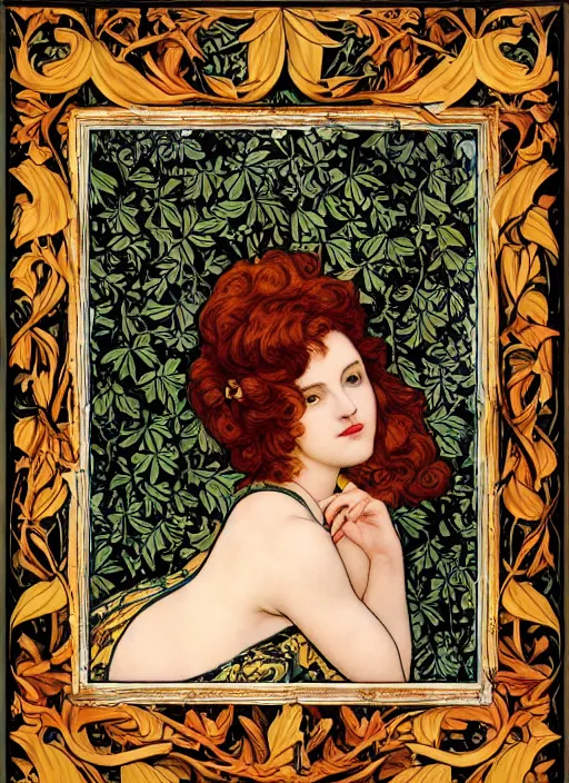 Prompt: masterpiece beautiful flowing curves pin up pose preraphaelite portrait photography, extreme closeup shot, straight bangs, thick set features, yellow ochre ornate medieval dress, amongst foliage mushroom forest arch, circle, william morris and kilian eng and mucha, framed, 4 k