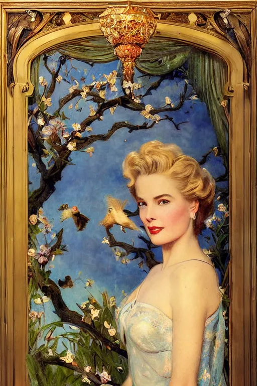 Prompt: Grace Kelly explaining the birds and the bees in the style of Gaston Bussière, art nouveau, art deco. Lush detail. Perfect composition and lighting. Award-winning mixed media photograph f1.8. Surreal architecture from the future. A shaft of light illuminates her.