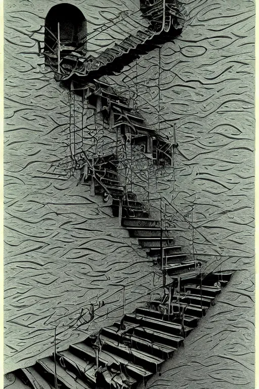 Image similar to stairs to nowhere nihilist discordian surreal collage made of by mc escher, walt disney, hr giger and beksinski. 8 k resolution. william s burroughs