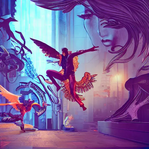 Image similar to angel versus devil, an ultrafine detailed illustration by james jean, gta 5 final fantasy, bright colors, behance contest winner, vanitas, angular, altermodern, unreal engine 5 highly rendered, global illumination, radiant light, detailed and intricate environment