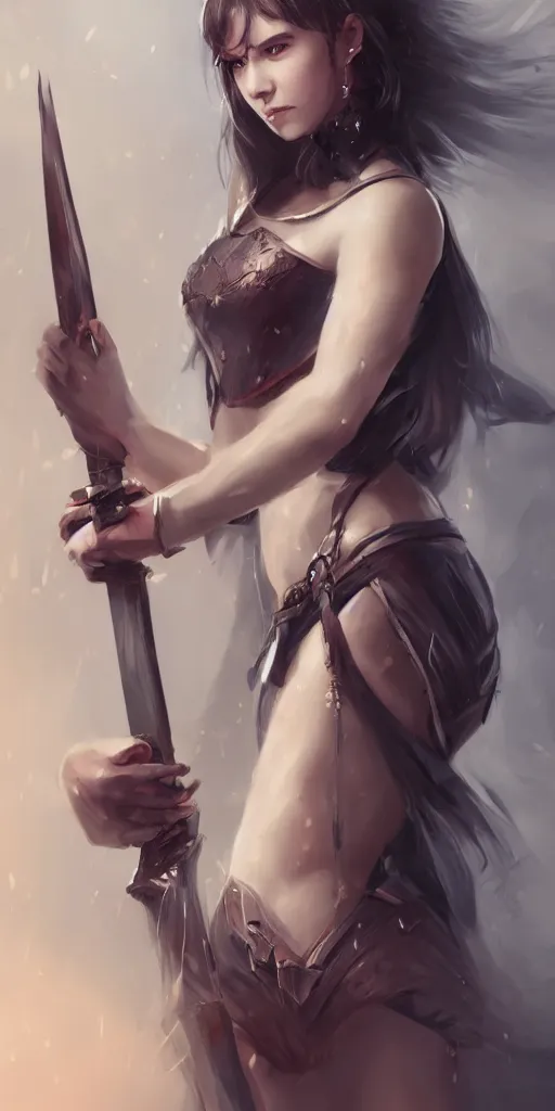 Image similar to beautiful girl posing, holding two swords. by wlop. artstation contest winner, cinematic paint.