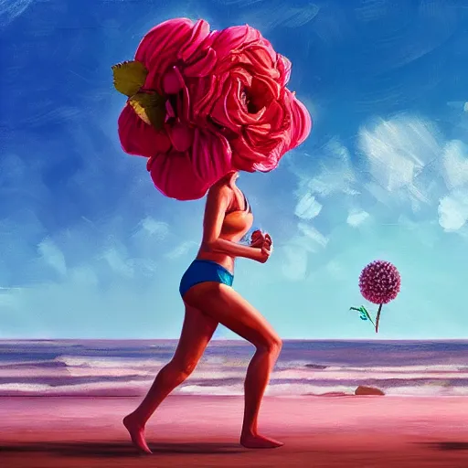 Image similar to portrait, giant rose flower head, woman running at the beach, surreal photography, sunrise, blue sky, dramatic light, impressionist painting, digital painting, artstation, simon stalenhag