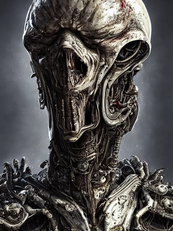 Image similar to portrait art of 8k ultra realistic undead alien, detailed intricate ornate armour,decaying, cybernetic, full of colour, cinematic lighting, battered, trending on artstation, 4k, hyperrealistic, focused, extreme details,unreal engine 5, cinematic, masterpiece, art by ayami kojima, giger