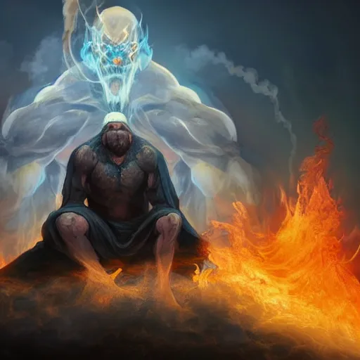 Prompt: a man kneeling before a gigantic god - like figure wrapped in smoke and flames. low - angle. artstation. digital art.