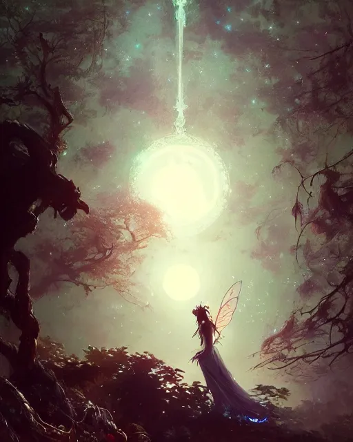 Image similar to a portrait of beautiful fairy goddness fly high in the night, d & d, fantasy, mist, full moon in background, trees, hyper detailed,, midium shot, an oil painting by ruan jia, trending on artstation, concept art, sharp focus, illustration, gaston bussiere, craig mullins, j. c. leyendecker, beautiful lighting