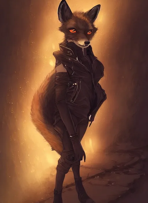 Image similar to award winning beautiful portrait commission of a male furry anthro melanated fox fursona with a tail and a cute beautiful attractive detailed furry face wearing stylish black and gold cyberpunk clothes in a cyberpunk city at night while it rains. Character design by charlie bowater, ross tran, artgerm, and makoto shinkai, detailed, inked, western comic book art