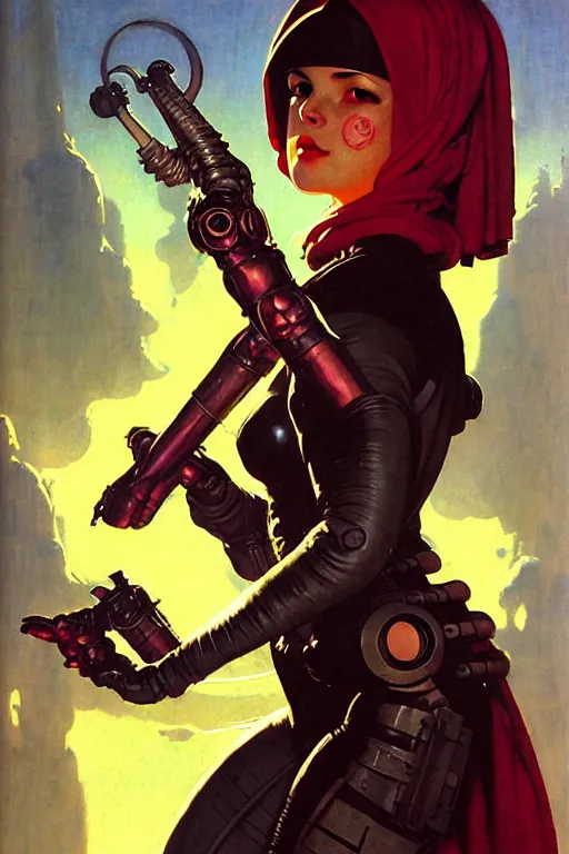 Image similar to pulp scifi fantasy spot illustrations of various character concepts, android girl, burka, futuristic design, crafting, diy, by norman rockwell, roberto ferri, daniel gerhartz, edd cartier, jack kirby, howard brown, ruan jia, tom lovell, jacob collins, dean cornwell, astounding stories, amazing, fantasy, other worlds