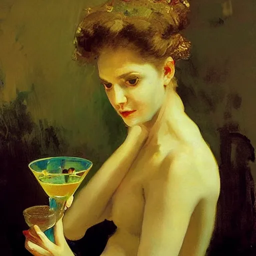 Image similar to portrait of a mysterious woman drinking a martini, by Ilya Repin and Dave McKean