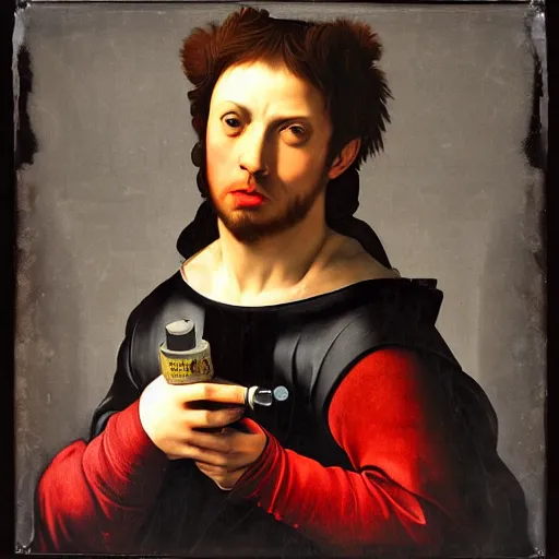 Prompt: a renaissance portrait of the king of graffiti holding the holy spraycan, confident face expression, symmetrical composition, chiaroscuro, caravaggio, rembrant, trending on artstation, matte painting,