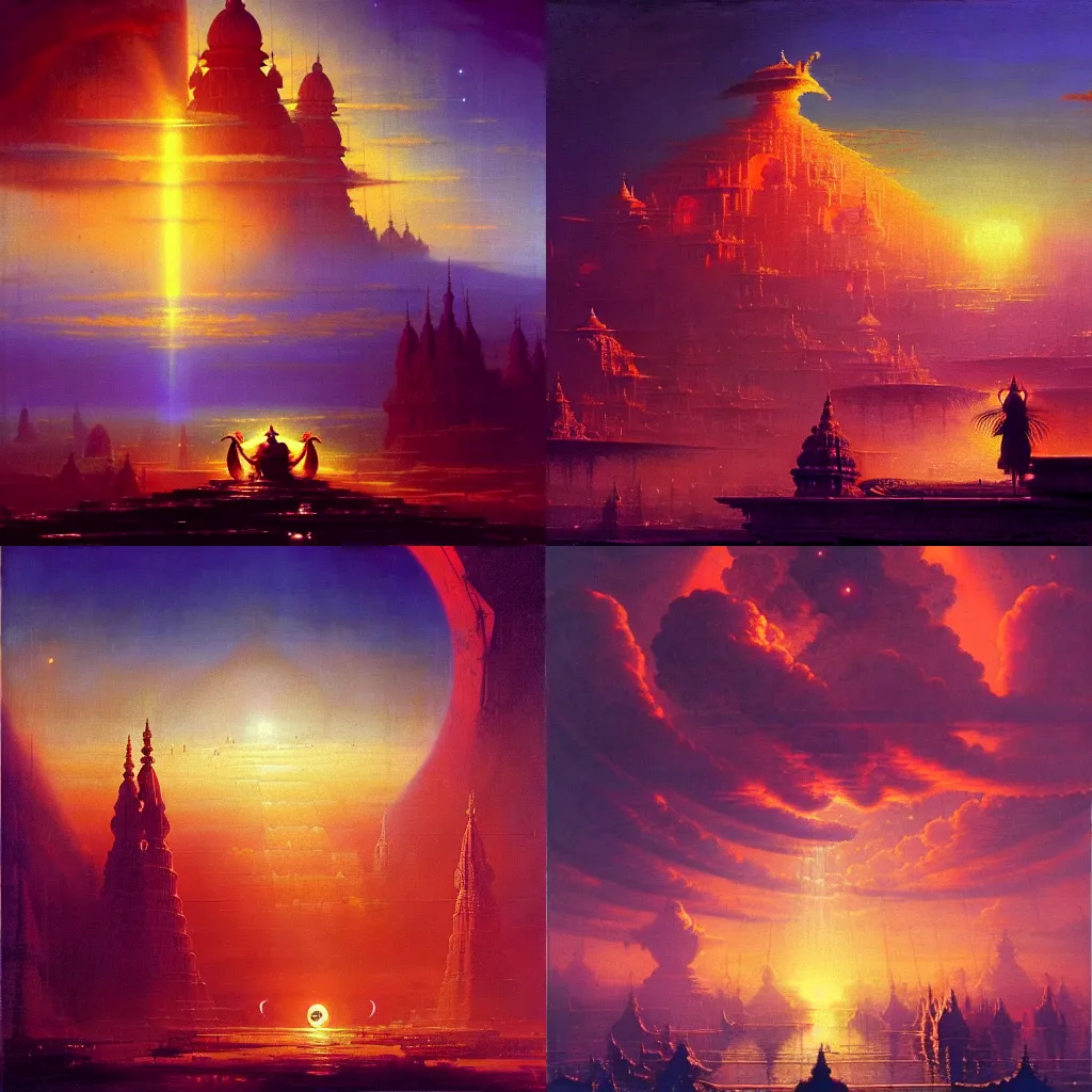 Prompt: the epic scene from Hindu heaven, by Canaletto, by Bruce Pennington, by Paul Lehr, masterpiece, oil on canvas, trending on artstation, top on pixiv, cinematic composition, dramatic scene, beautiful lighting, sharp, high details, astrophotography, no frames, 8K